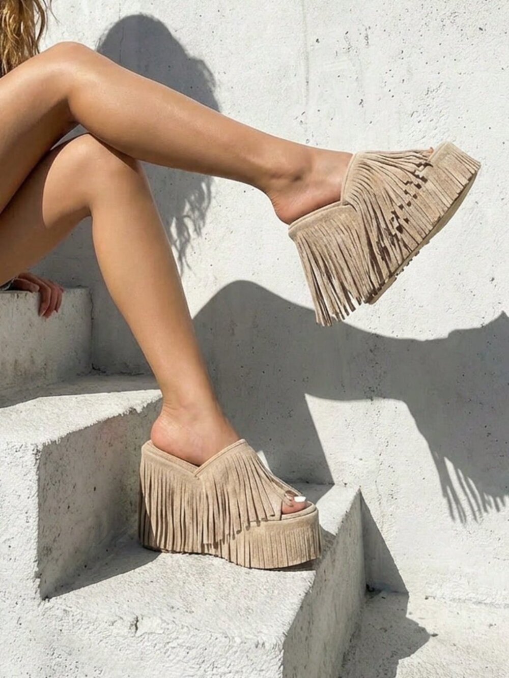 Apricot Bohemian Women's Wedge Sandals Fringe Platform Slip-On Slides